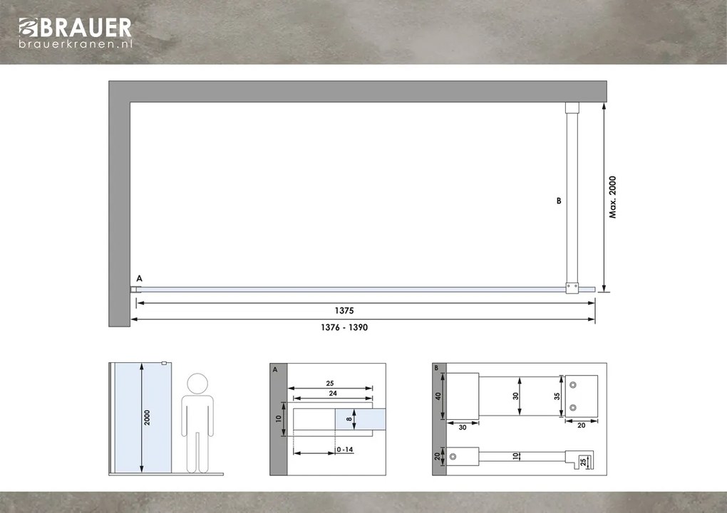 Brauer Copper Season inloopdouche helder glas 140x200 met muurprofiel koper geborsteld