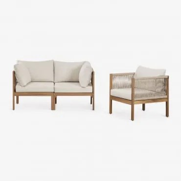 Tuinset Met 2-delige Modulaire Bank Met Armleuningen En Fauteuil Van Acaciahout Branson Wit Gardenia - Bruin Acacia - Sklum