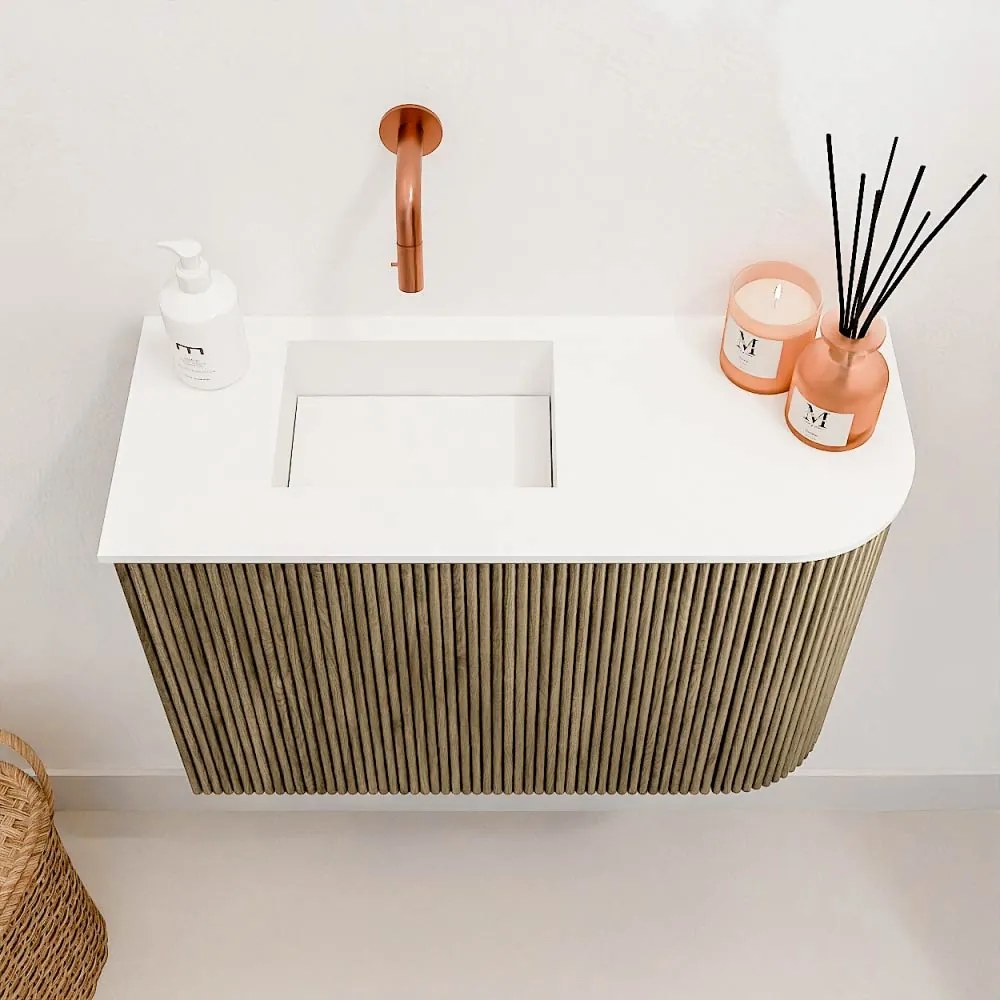 Mondiaz Joya 60cm toiletmeubel ronding rechts dusk met wastafel faye links zonder kraangat talc