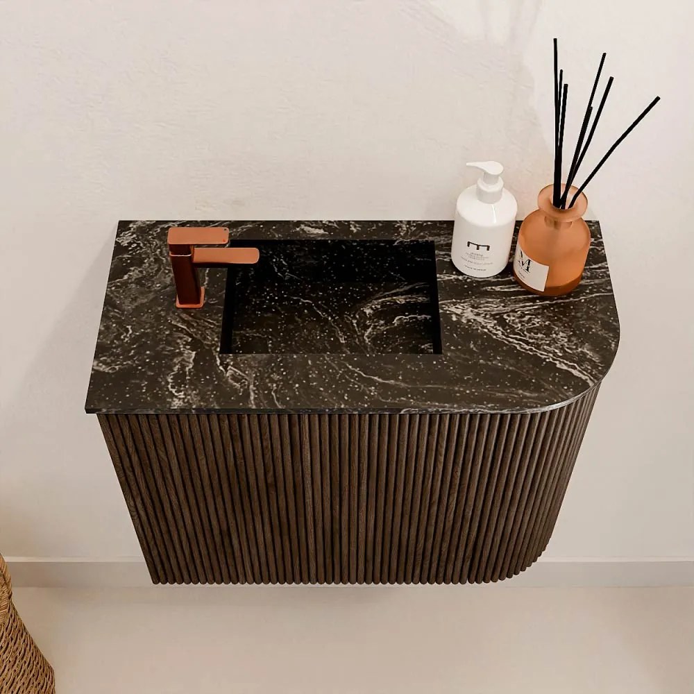 Mondiaz Joya DLux 50cm toiletmeubel ronding rechts walnut met wastafel faye links 1 kraangat lava