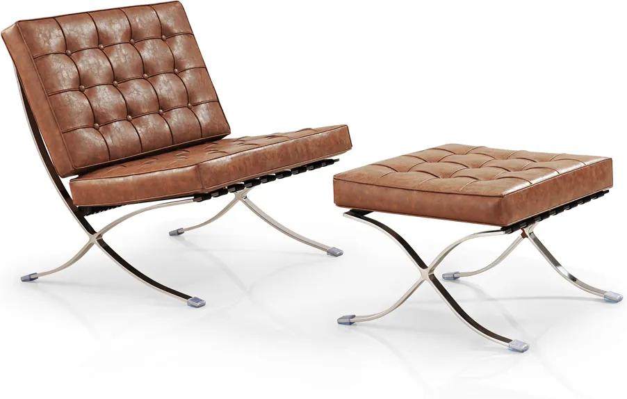 Barcelona Chair + Ottoman hocker set (replica) - Vintage brown