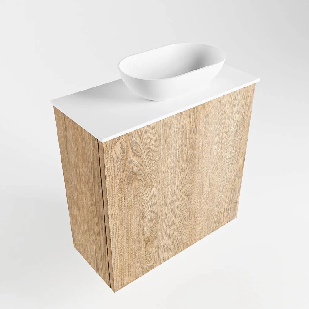 Mondiaz Fowy toiletmeubel 50cm washed oak met witte waskom rechts en kraangat