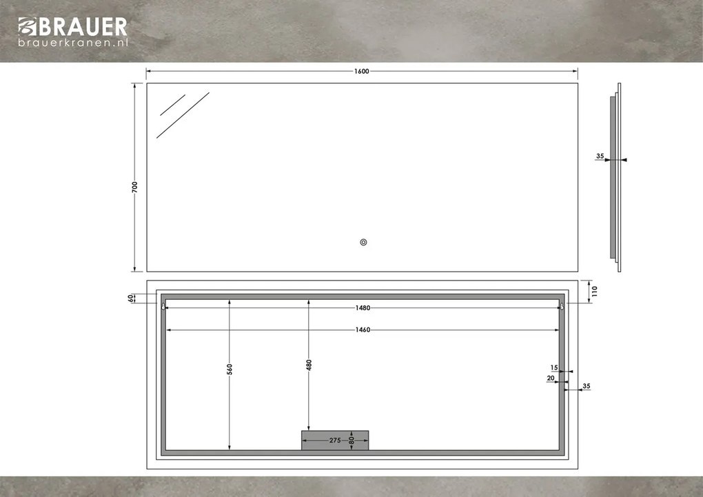 Brauer Ruby rechthoekige spiegel met verlichting 160x70cm