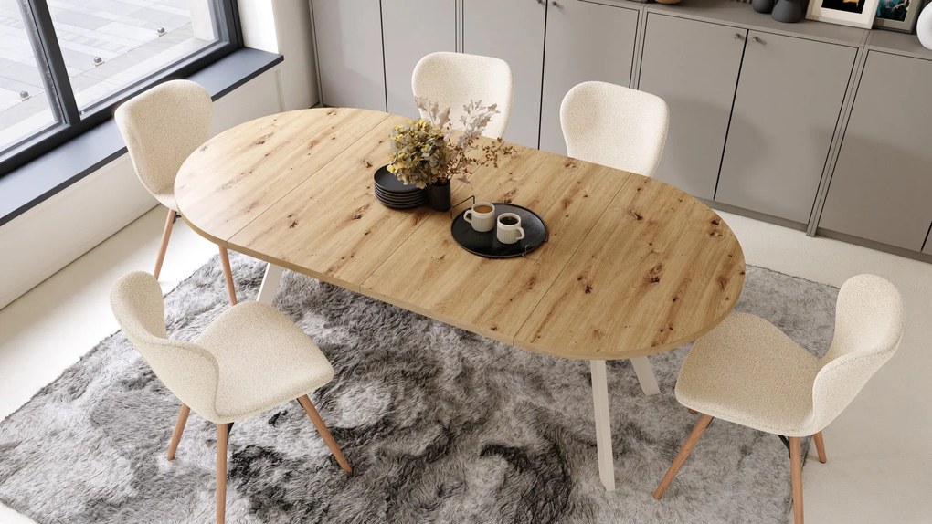 ALDO 100 Eiken Artisan/Beige poten - RONDE LOFT/INDUSTRIËLE TAFEL VOOR WOONKAMER/EETKAMER, UITSCHUIFBAAR