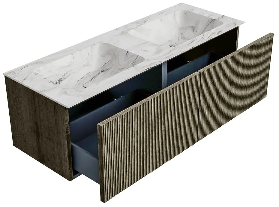 Mondiaz Kurve-dlux 130cm badmeubel shadow met 2 lades en wastafel leaf dubbel 2 kraangaten glace