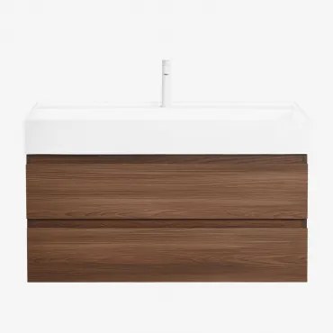 Ona Zwevend Badkamermeubelset Van Hout En Essenfineer Met Geïntegreerde Wastafel Spiegelloze & Donker Hout & ↔︎ 100 Cm & Wit ↑20 Cm Met - Sklum