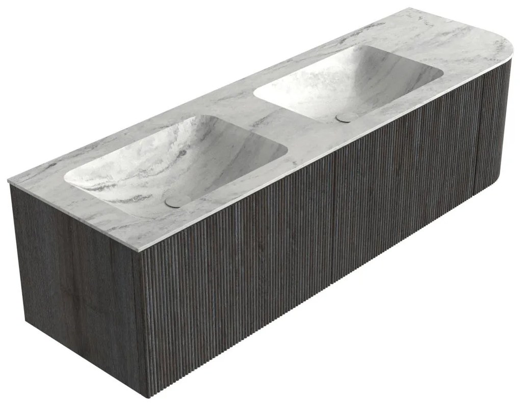 Mondiaz Kurve-dlux 155cm badmeubel ronding rechts shadow met 2 lades en 1 deur en wastafel leaf dubbel/links zonder kraangat opalo