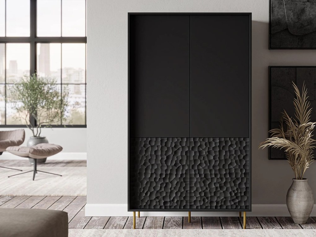 Kledingkast Ciretre 106, Gouden, Zwart, 185x90x53cm, 61.6 kg, Kledingkast deuren: Met scharnieren