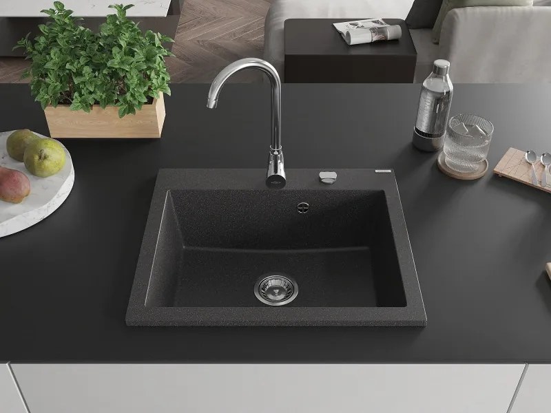 Mexen Elix granieten keukenwastafel 1-komorowy 600 x 500 mm, zwart gespikkeld, chromen sifon - 6525601005-76