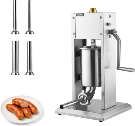 VEVOR Handmatige Worstvuller 3 liter / 3 kg Verticale Worstvuller van roestvrij staal Ideaal voor thuis, kamperen, grillen, barbecueën en dierenvoeding, met 4 vulbuizen, 2 snelheden en vaatwasmachinebestendige onderdelen