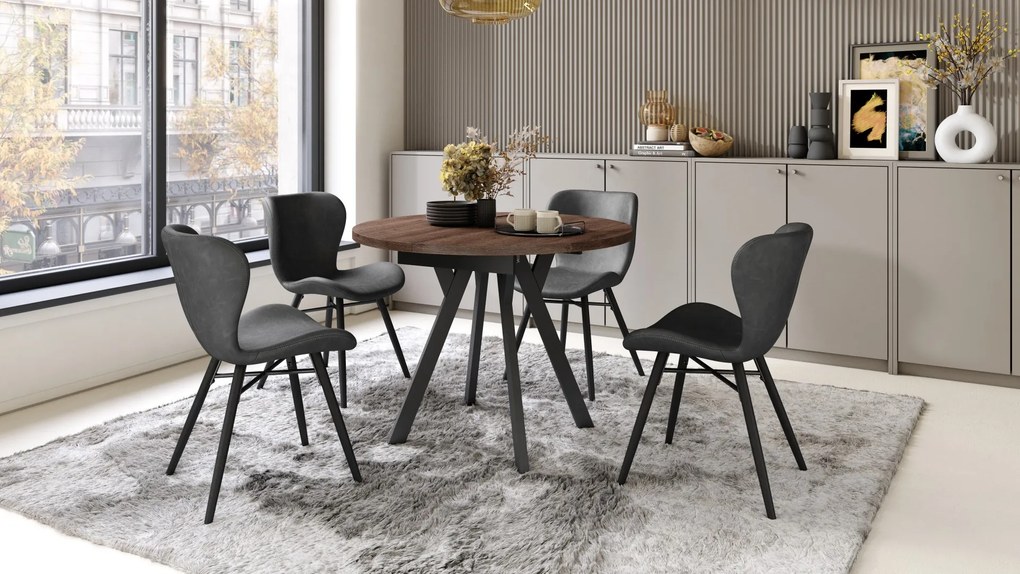 ALMO Eiken Bruin/Zwarte poten - RONDE LOFT/INDUSTRIËLE TAFEL VOOR WOONKAMER/EETKAMER, UITSCHUIFBAAR