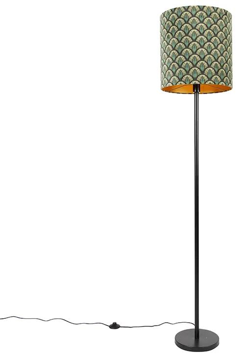 Stoffen Vloerlamp zwart kap pauw dessin gouden binnenkant 40 cm - Simplo Modern E27 Binnenverlichting Lamp