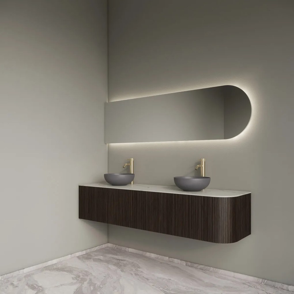 Gliss Design Alluro badmeubel ribbelfront met ronding rechts 180cm ebony en wit marmer toppaneel