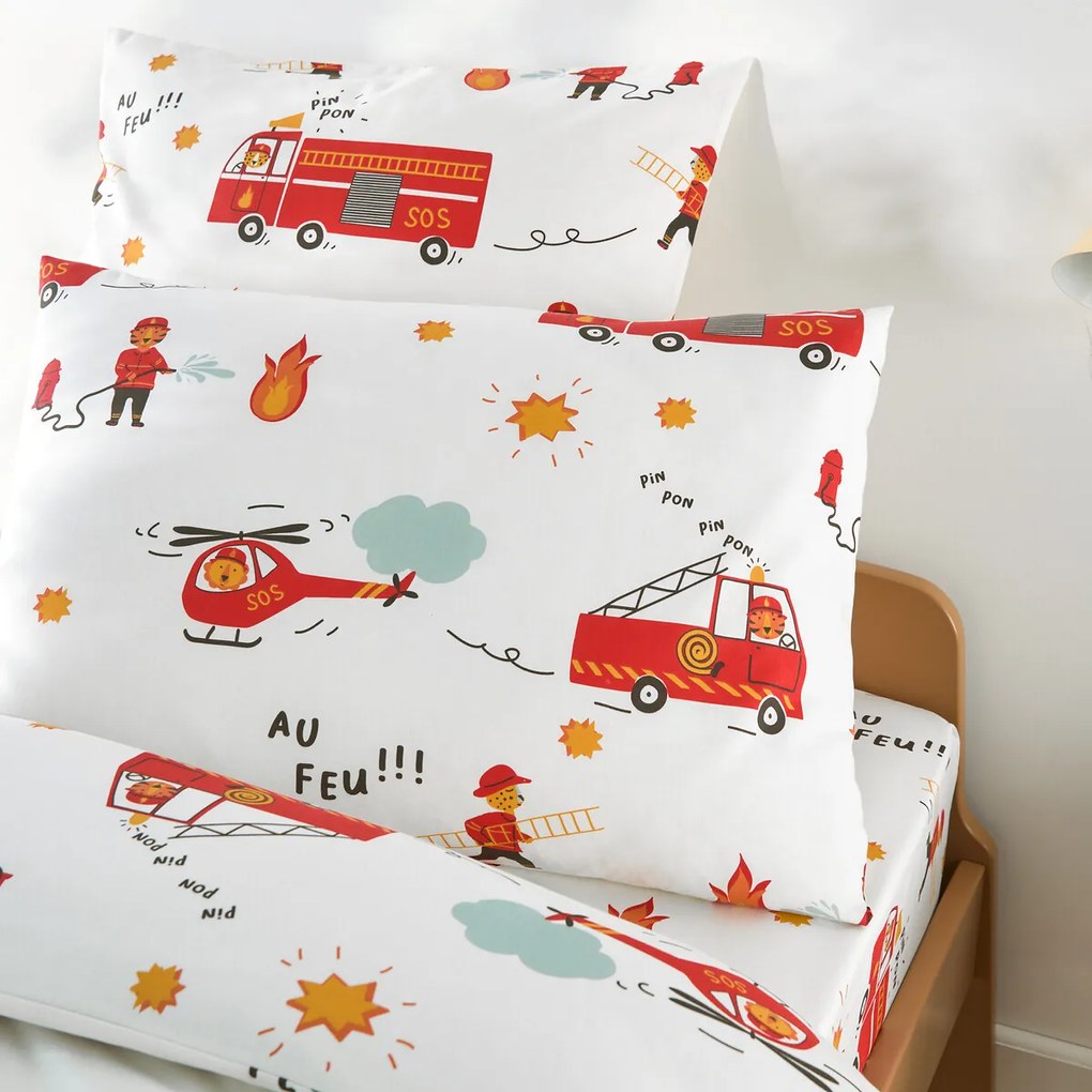 Kussensloop voor kinderen, 30% gerecycled katoen, brandweeropdruk, BRANDWEERMAN SAM