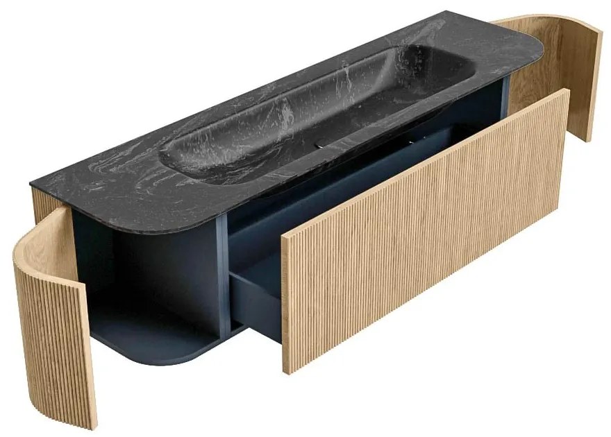 Mondiaz Kurve-dlux 170cm badmeubel ronding links/rechts oak met 1 lade en 2 deuren en wastafel big large midden 1 kraangat lava