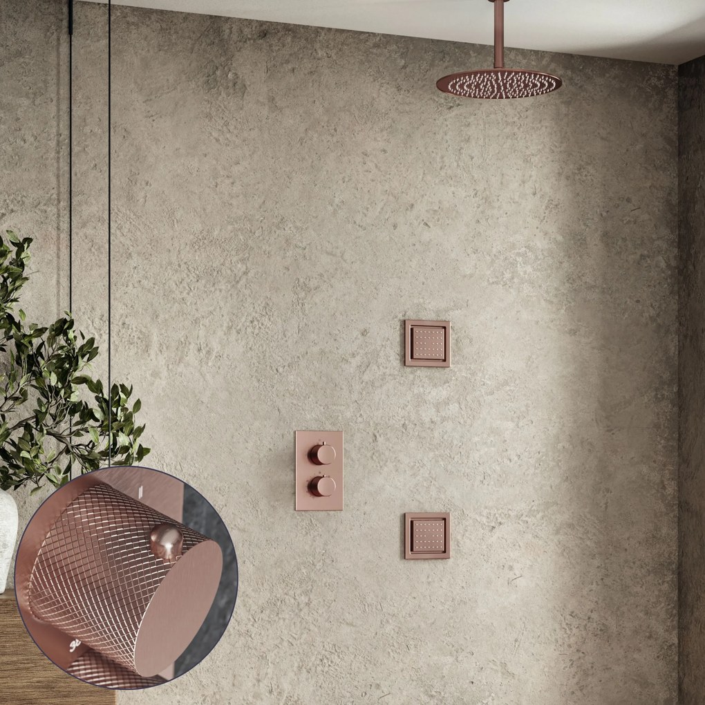 Saniclear Copper Curved inbouw regendouche 20cm met vierkante massagejets en plafondarm geborsteld koper