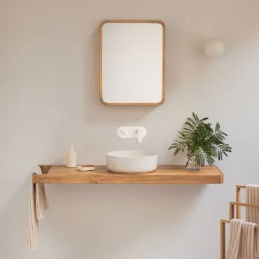 Conjunto Van Meubel 130x45 Cm Hangend In Teakhout Neill Teakhout & Rond Keramiek Wit Ø40 Cm Lenka & Wit Ingebed Met Aftapkraan Zonder Overloop Alameda