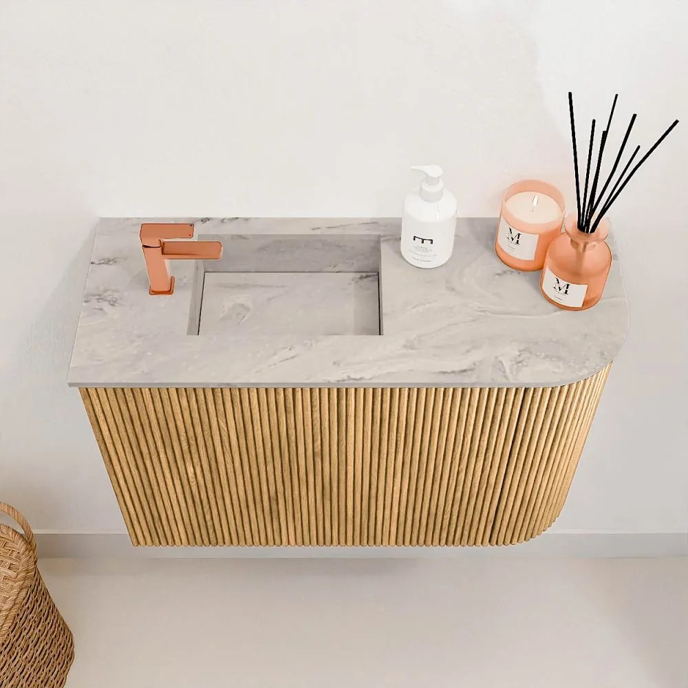 Mondiaz Joya DLux 60cm toiletmeubel ronding rechts oak met wastafel faye links 1 kraangat glace