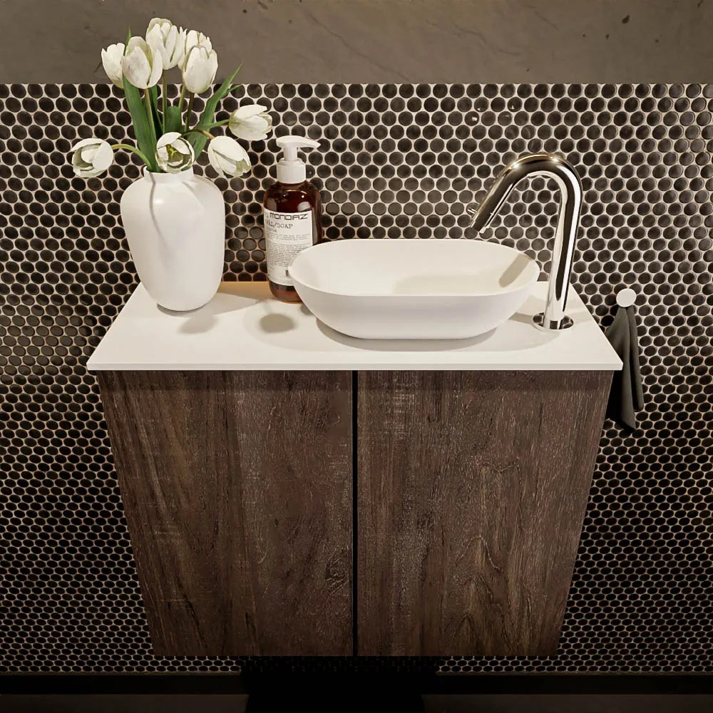 Mondiaz Fowy toiletmeubel 60cm dark brown met witte waskom rechts en kraangat