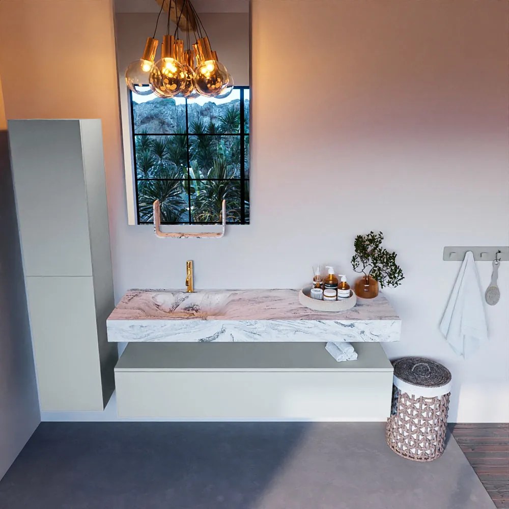 Mondiaz Alan DLux badmeubel 150cm clay 1 lade met wastafel glace links 1 kraangat