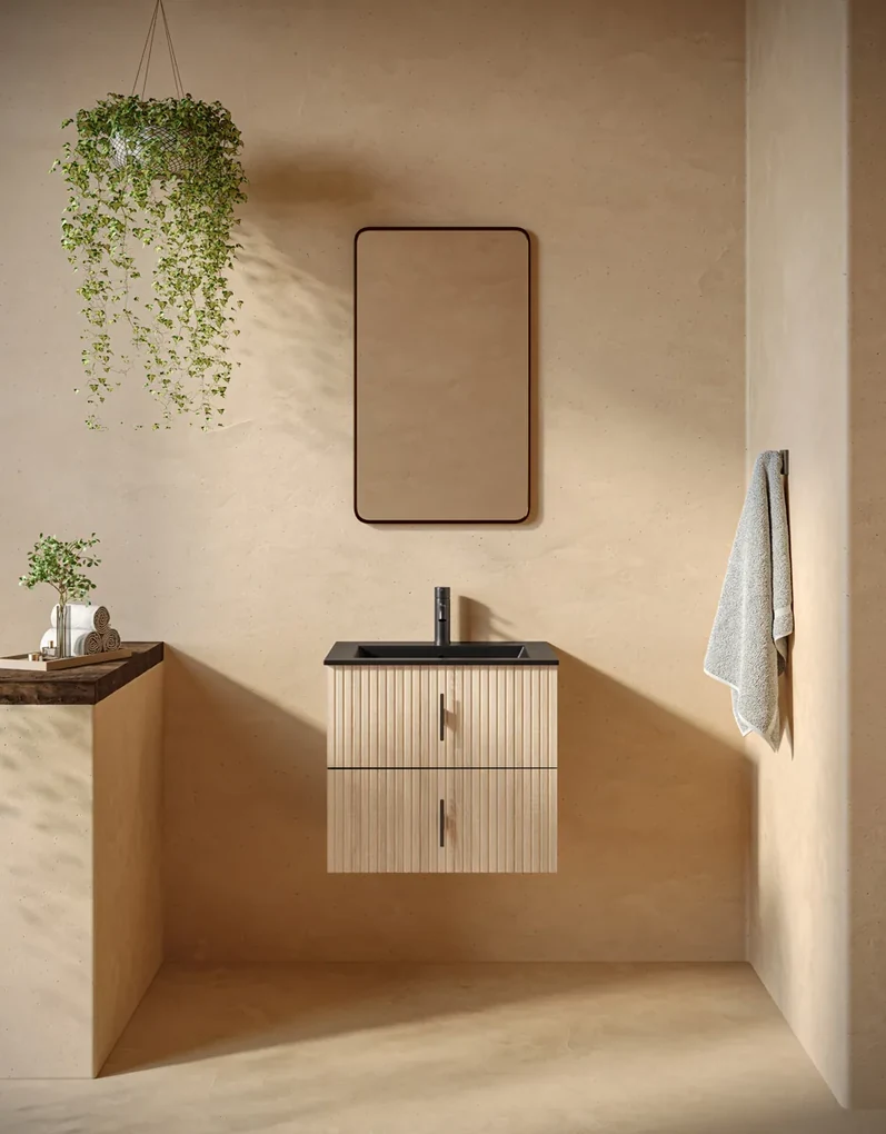 Muebles Marbella badmeubel ribbelfront 60cm naturel eiken met zwarte wastafel met kraangat