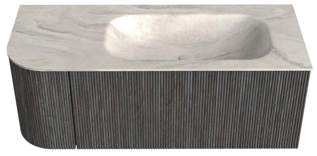 Mondiaz Kurve-dlux 115cm badmeubel ronding links shadow met 1 lade en deur en wastafel big small rechts zonder kraangat ostra
