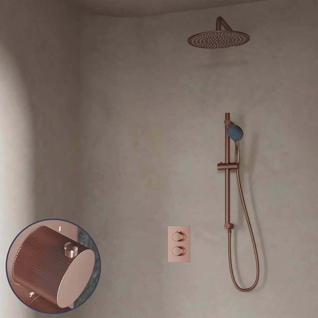 Saniclear Copper Stripes inbouw regendouche met 30cm hoofddouche, muurarm, 3 standen handdouche en glijstang geborsteld koper