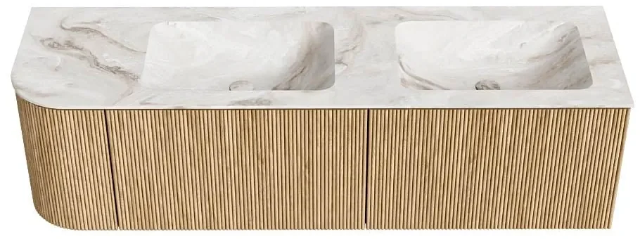 Mondiaz Kurve-dlux 155cm badmeubel ronding links oak met 2 lades en 1 deur en wastafel leaf dubbel/rechts zonder kraangat frappe