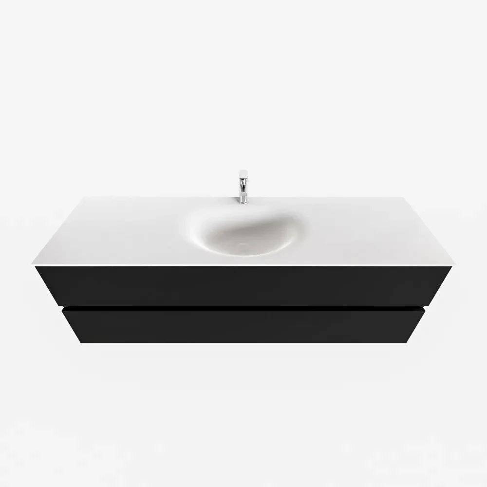 Zaro Sevilla Solid Surface badmeubel 150cm mat zwart 1 kraangat met 2 lades spoelbak midden