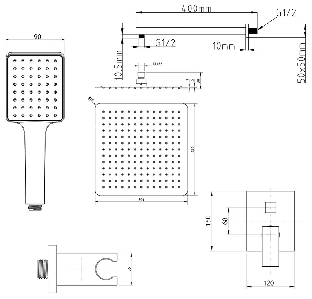 Sapho Cubemix inbouw regendouche vierkant 30cm met wandarm en handdouche zwart mat