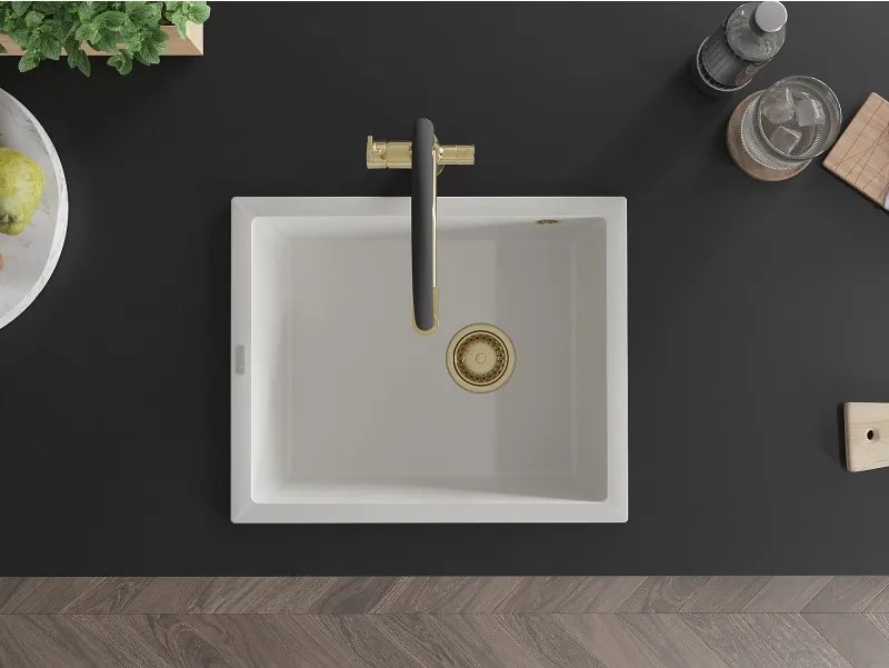 Mexen Pedro granieten spoelbak 1-kamerig 560 x 460 mm, wit, gouden sifon - 6508561000-20-G