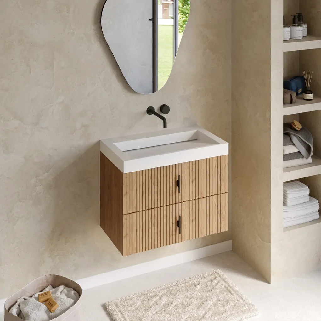 Muebles Estella badmeubel ribbelfront 80cm warm eiken met solid surface wastafel zonder kraangat