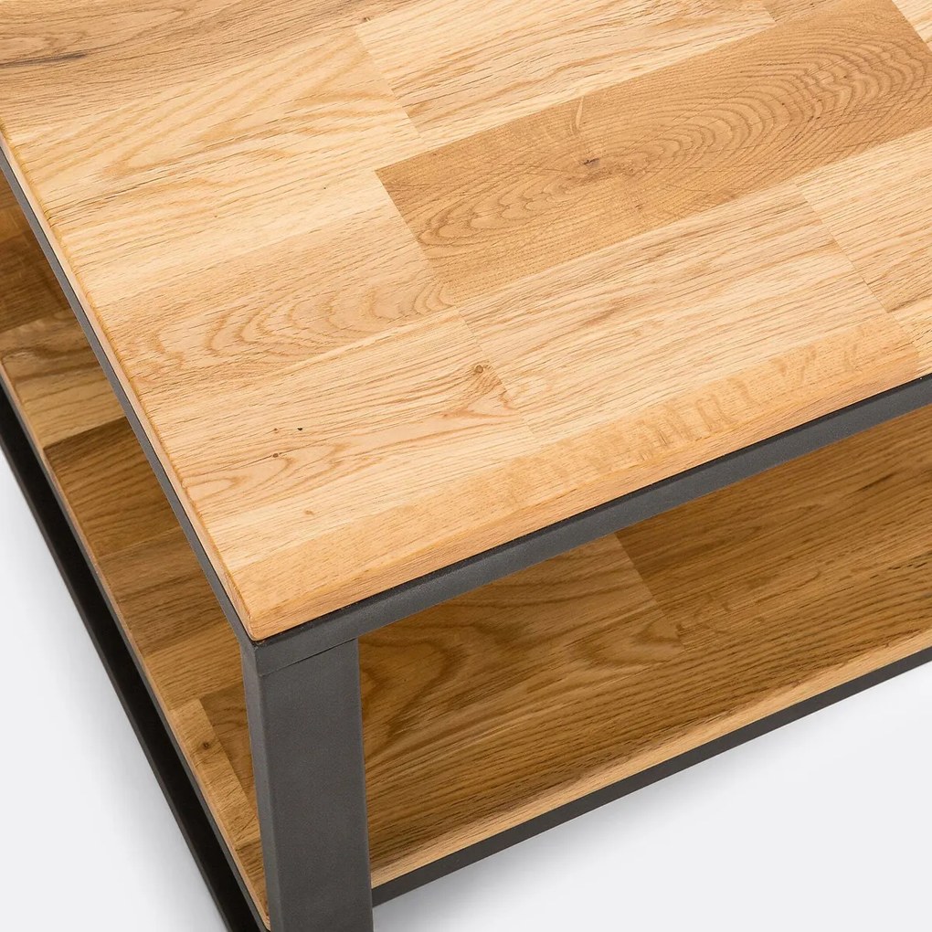 Vierkante salontafel van massief eikenhout en staal, HIBA