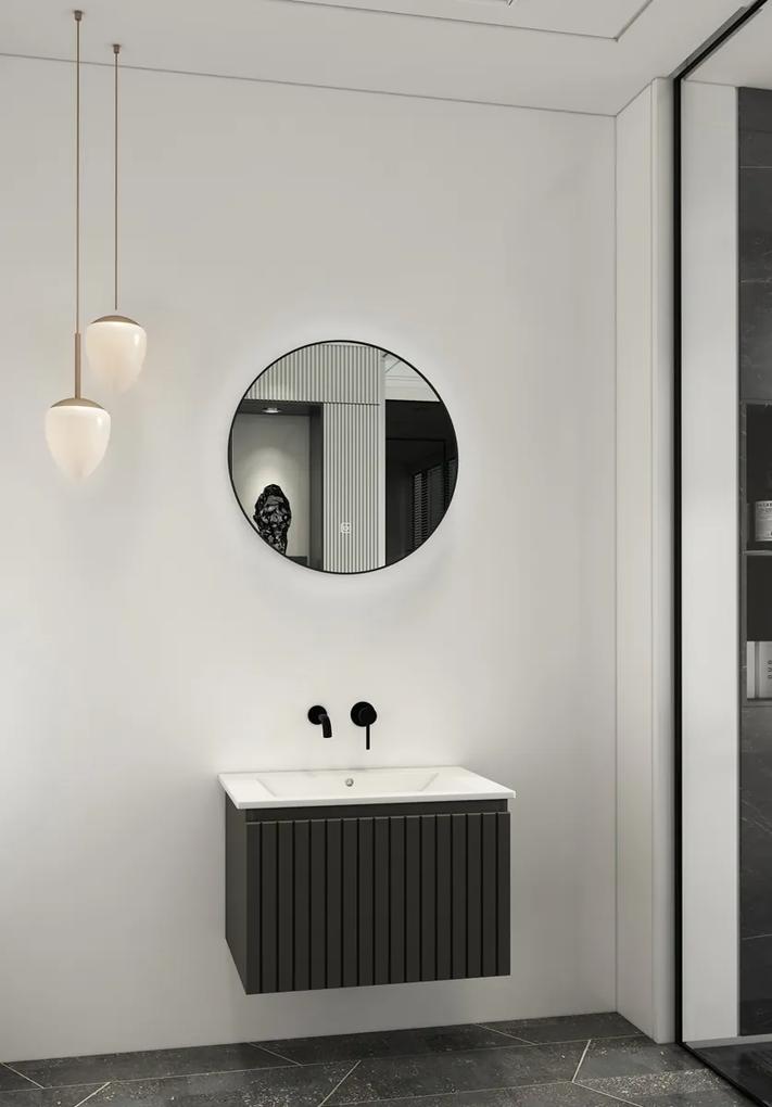 Fontana Lento zwart badmeubel ribbelfront 60cm met witte wastafel zonder kraangat en ronde spiegel