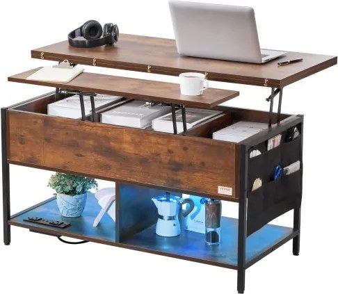 VEVOR salontafel met opklapbaar blad, 39,4 inch rechthoekige salontafel met extra opbergvakken, opvouwbare salontafel met stekkerdoos, USB en sfeerverlichting voor de woonkamer, bruin