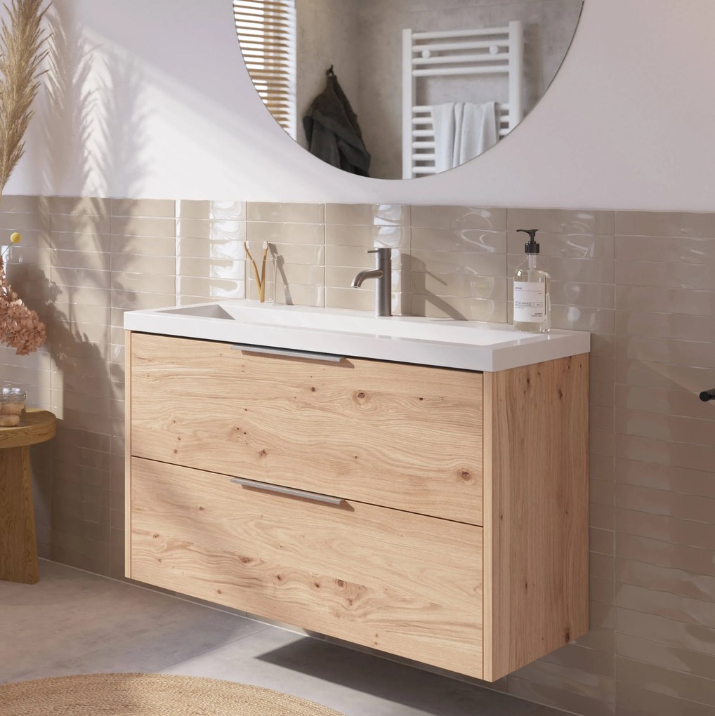 Saqu Lima ondiep badmeubel incl. glans witte wastafel 100x40x64cm naturel eiken – rvs greep