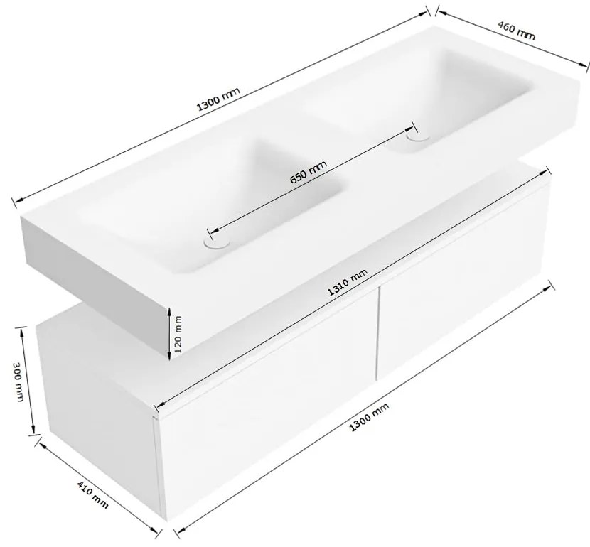 Zaro Alan badmeubel 130cm sand met 2 lades en vrijhangende wastafel dubbel zonder kraangaten wit mat