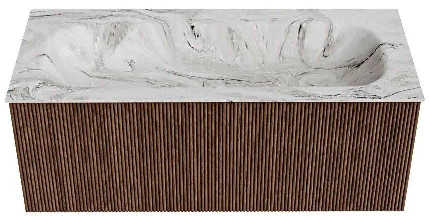 Mondiaz Kurve-dlux 110cm badmeubel walnut met 1 lade en wastafel big medium midden zonder kraangat glace