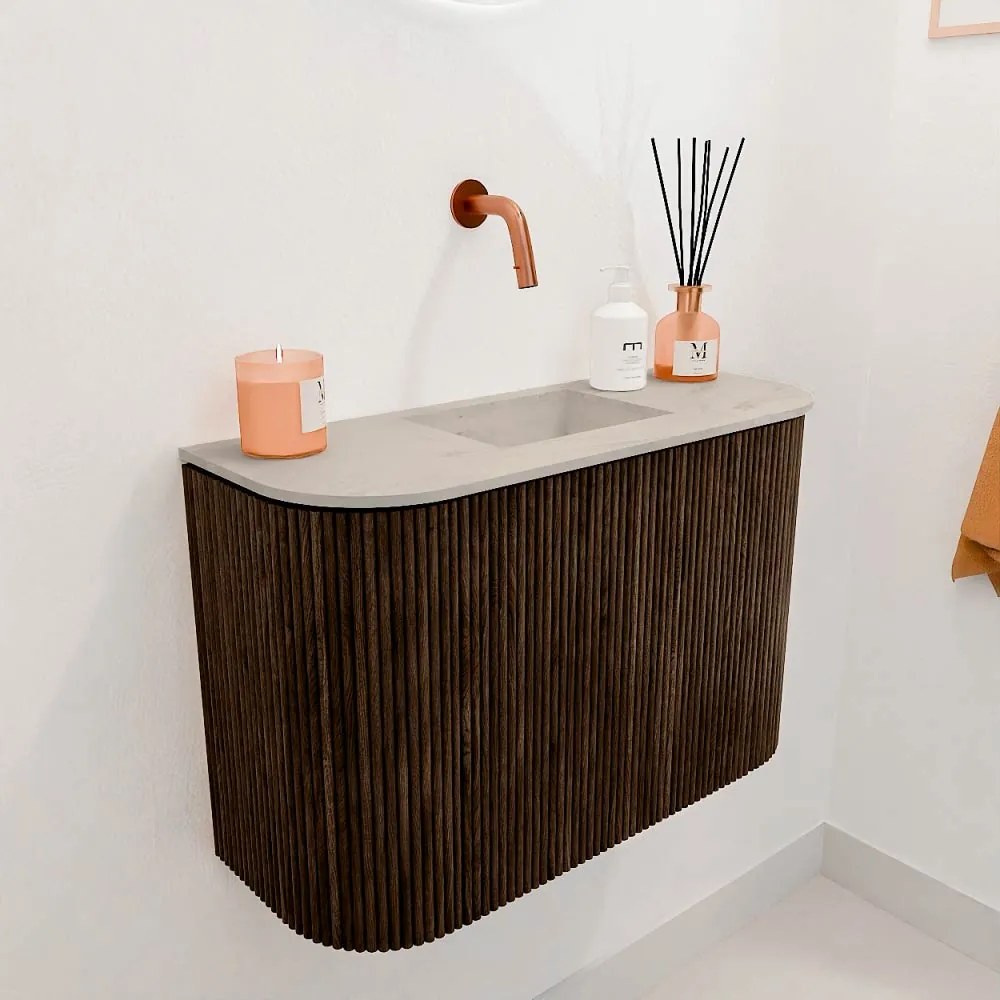 Mondiaz Joya DLux 65cm toiletmeubel ronding links/rechts walnut met wastafel faye midden zonder kraangat opalo
