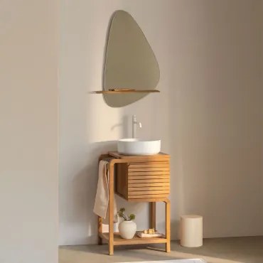 Bradley Teakhouten Badkamermeubelset Rond Keramiek Wit Ø40 Cm Lenka & Onregelmatig Met Houten Plank 55x85 Cm Kai & Wit ↑30 Cm - Sklum