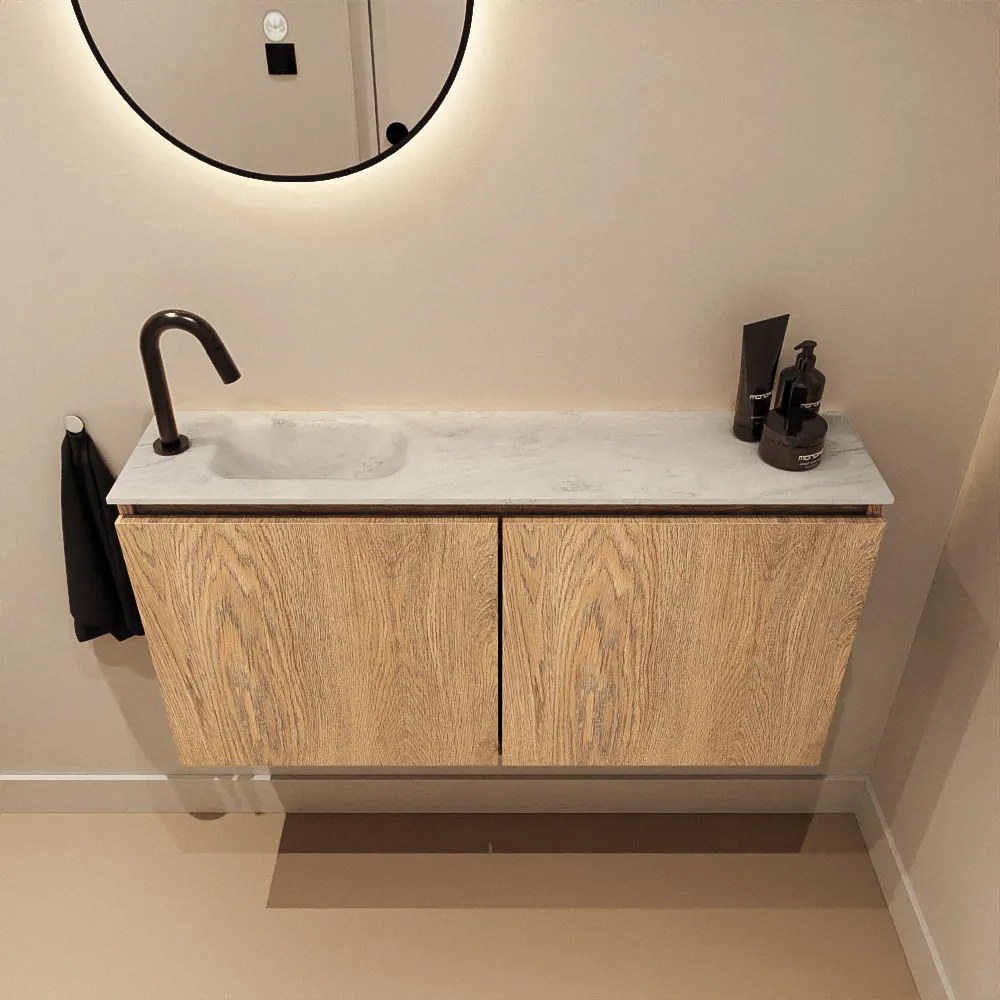 Mondiaz Ture DLux toiletmeubel 100cm washed oak met wastafel opalo links met kraangat