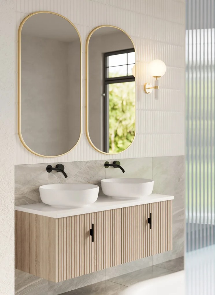 Muebles Ezra badmeubel ribbelfront 120cm naturel eiken met wit toppaneel zonder waskom