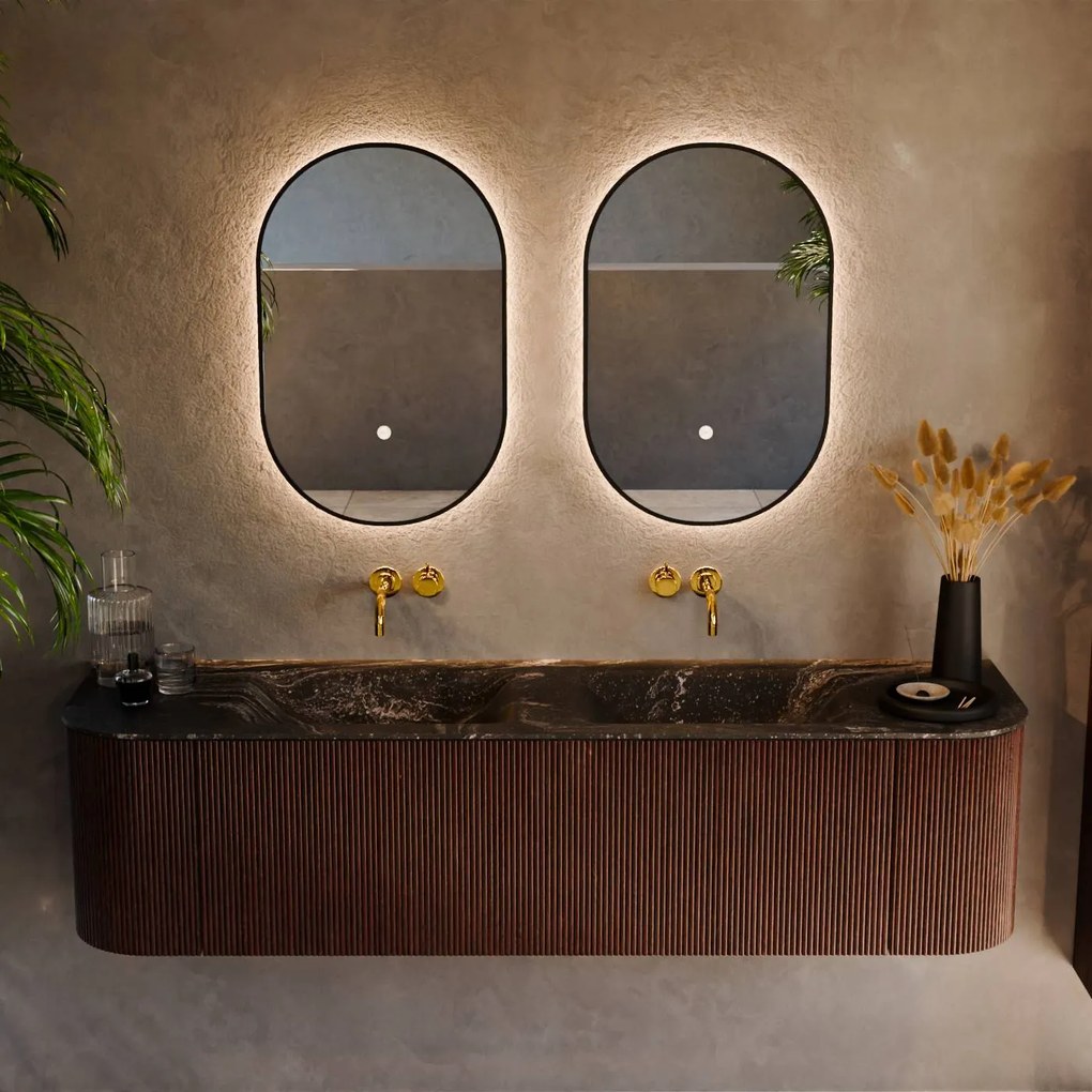 Mondiaz Kurve-dlux 170cm badmeubel ronding links/rechts ruby met 1 lade en 2 deuren en wastafel leaf dubbel zonder kraangat lava