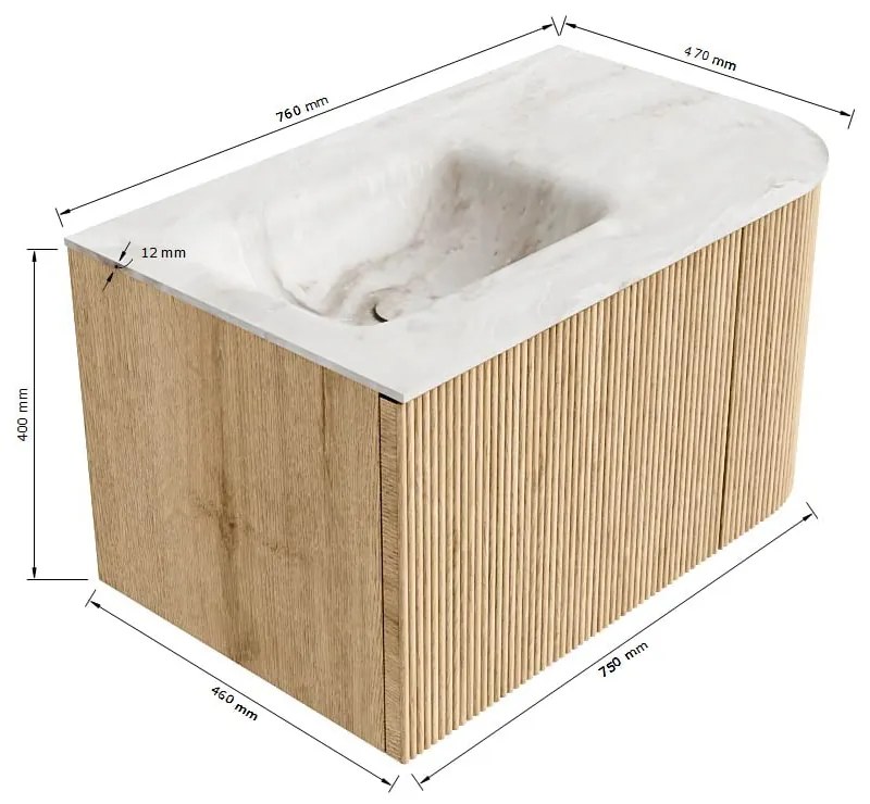Mondiaz Kurve-dlux 75cm badmeubel ronding rechts shadow met 1 lade en deur en wastafel grunne links zonder kraangat glace