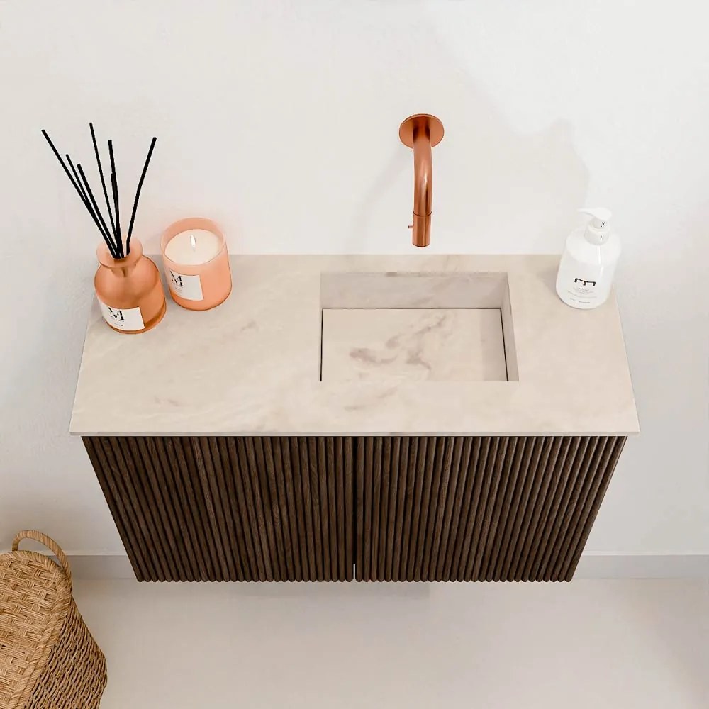 Mondiaz Joya DLux 60cm toiletmeubel walnut met wastafel faye rechts zonder kraangat frappe