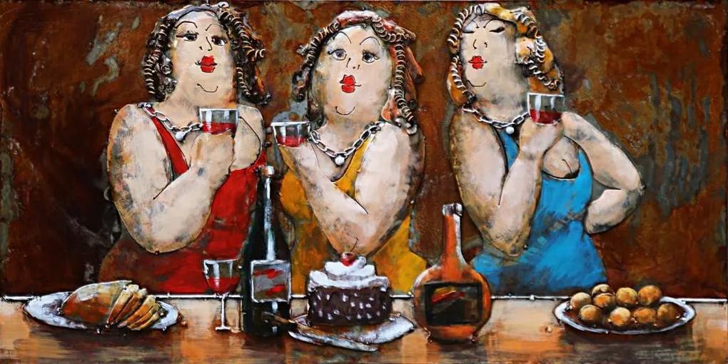 Schilderij - Metaalschilderij - Dikke dames aan de wijn, 180x60cm