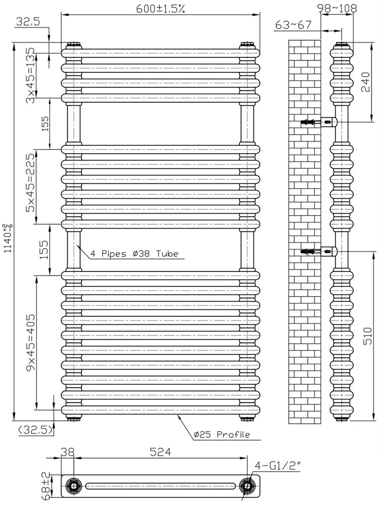 Eastbrook Imperia 2 koloms handdoekradiator 60x115cm 1189W wit glans