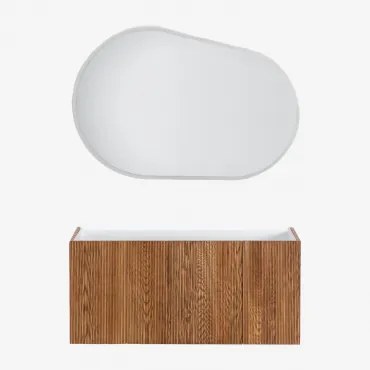 Badkamermeubelset In Hout Met Geïntegreerde Wastafel Fiore Donker Hout & Ovaal Led En Anticondens 120x80 Cm Riben & Zonder Kraan - Sklum