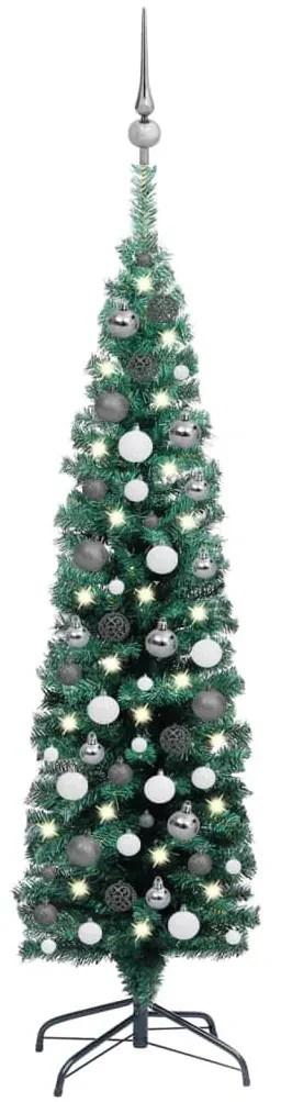 vidaXL Kunstkerstboom met LED's en kerstballen smal 150 cm groen