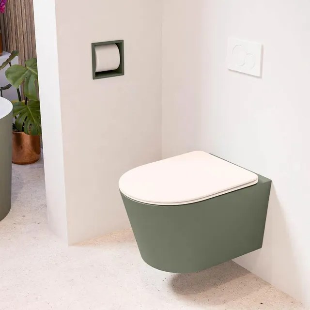 MONDIAZ LAVIE wandclosetpack - 36x53cm - diepspoel - rimless - Army (groen) - softclose - quick-release - toiletzitting - Rosee (roze) LAVIEsetArmRos